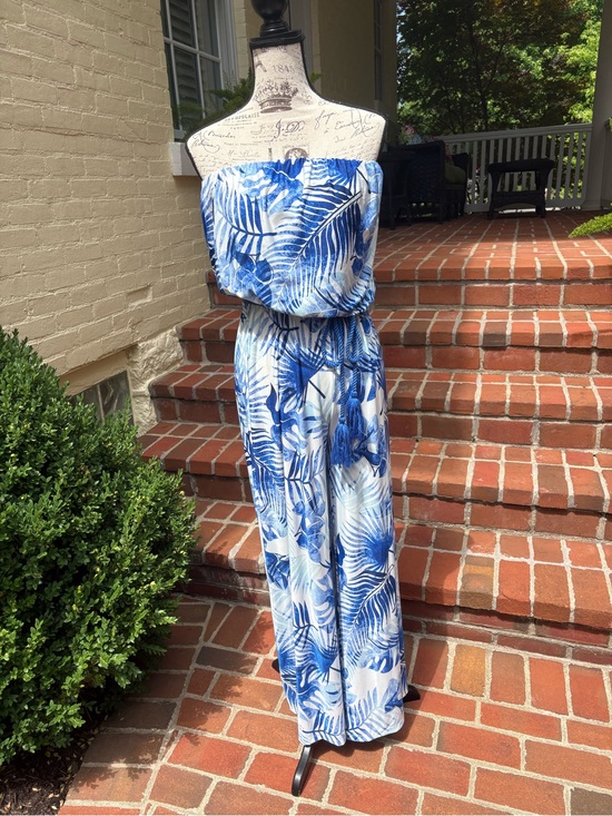 Beach Break Pants - Strapless Blue Tropical Print Jumpsuit M